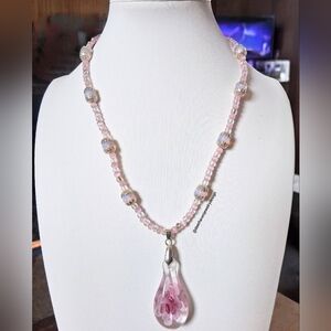 Vintage-Inspired Chic Pink Iridescent Glass Bead Necklace w/ Teardrop Pendant